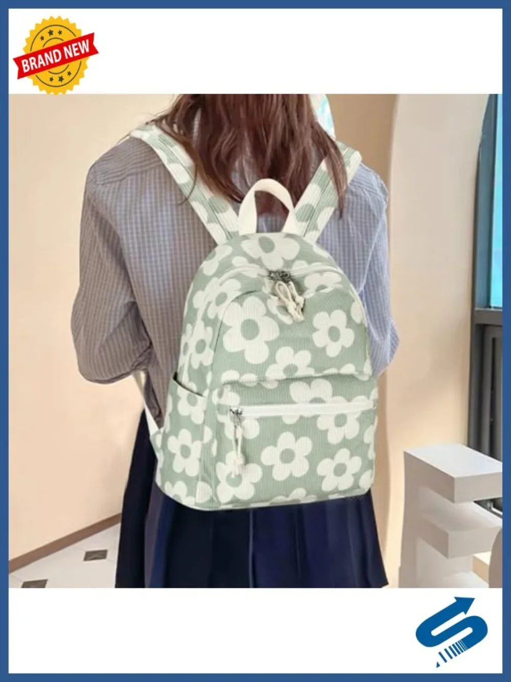 Corduroy Mini Backpack Purse with Floral Pattern - 13